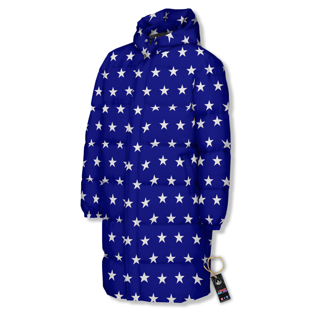 USA Star White And Blue Print Pattern Long Down Jacket