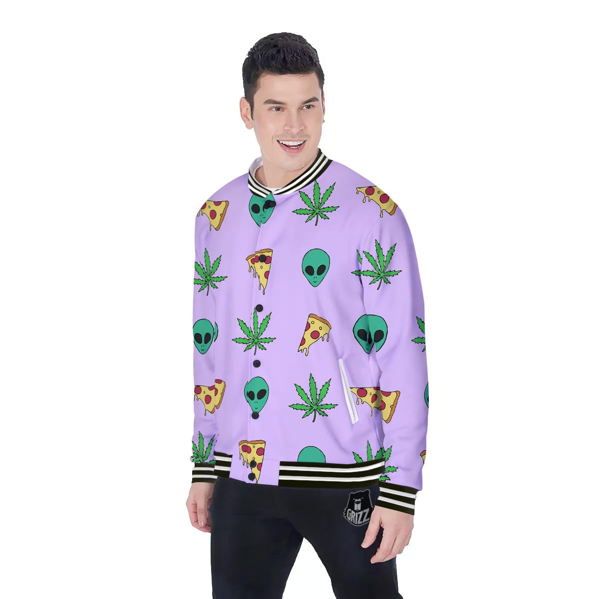 Ufo Pizza Trippy Print Pattern Baseball Jacket-grizzshop