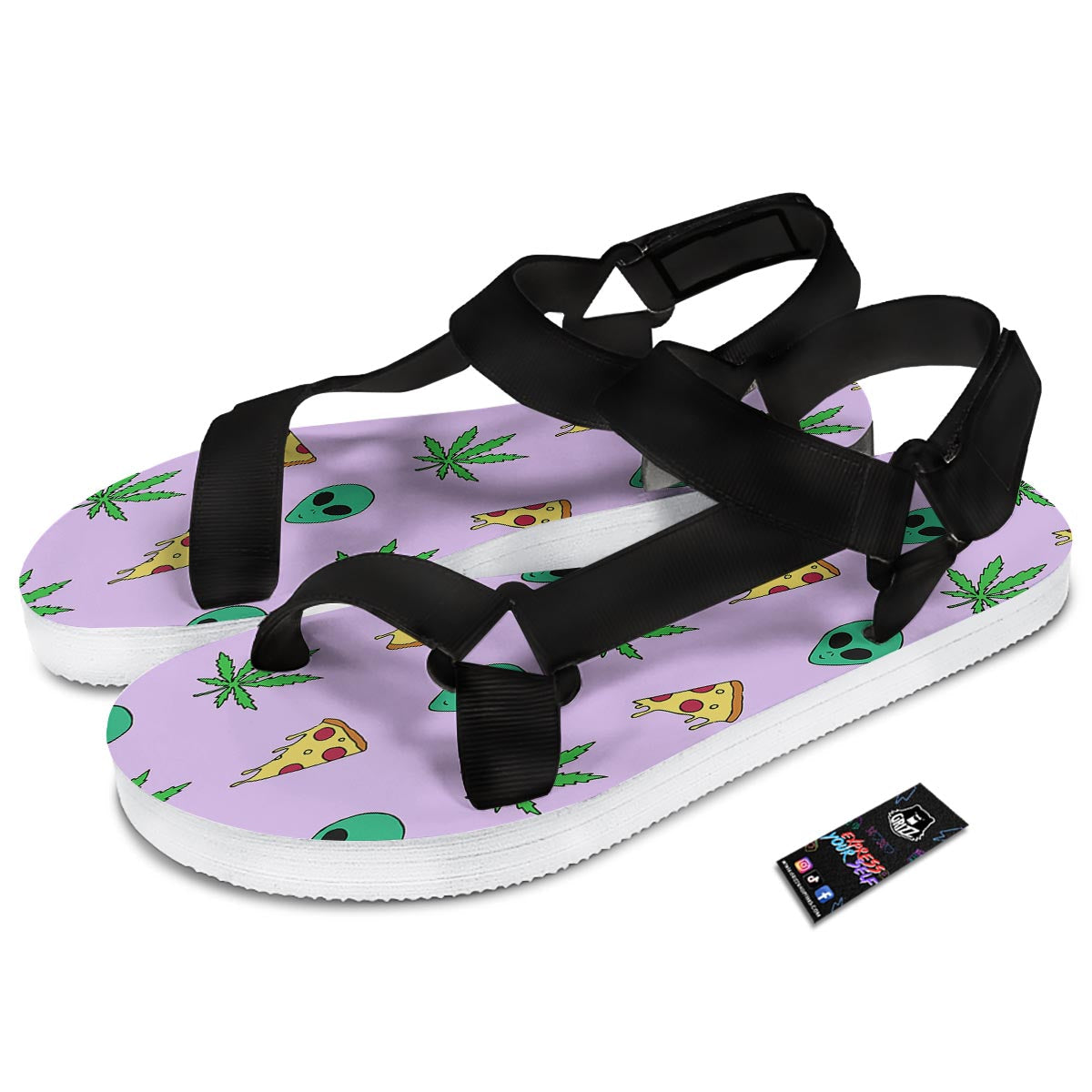 Ufo Pizza Trippy Print Pattern Black Open Toe Sandals-grizzshop