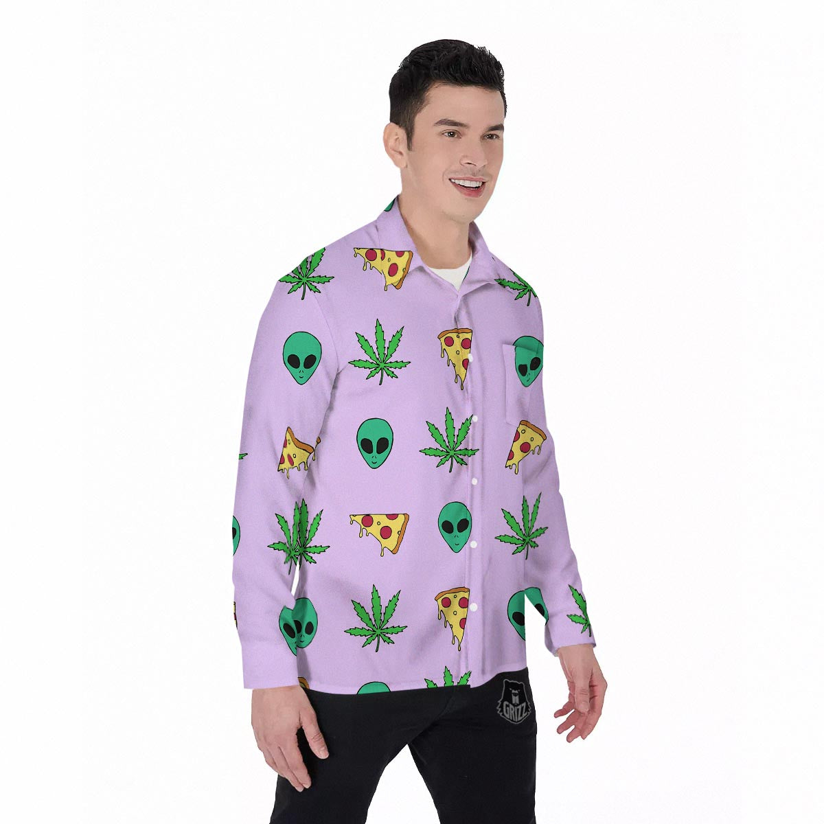 Ufo Pizza Trippy Print Pattern Men's Long Sleeve Shirts-grizzshop
