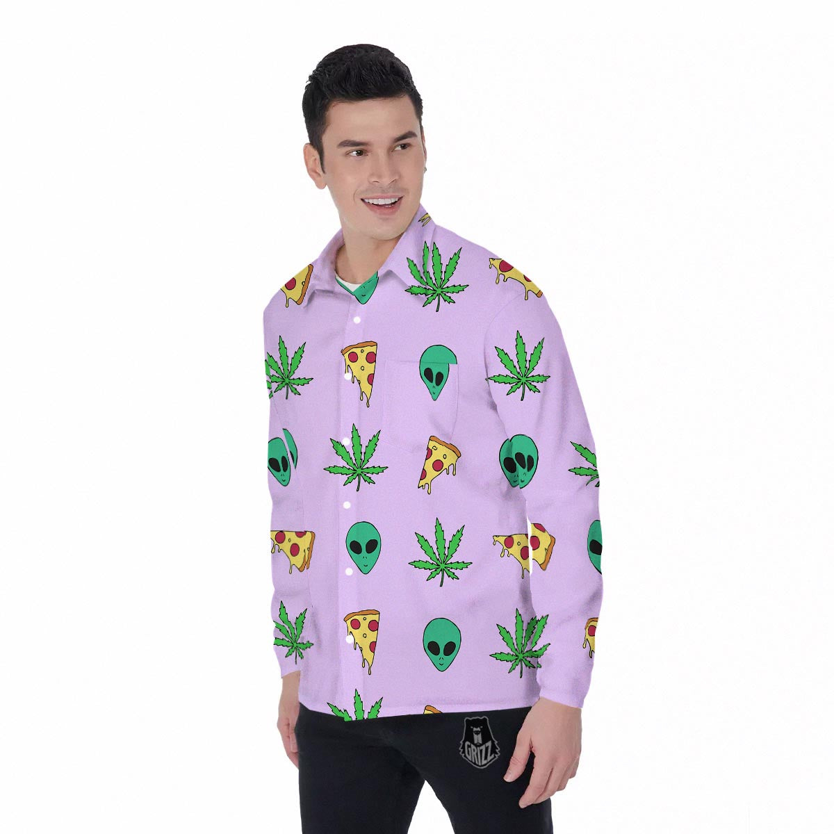 Ufo Pizza Trippy Print Pattern Men's Long Sleeve Shirts-grizzshop