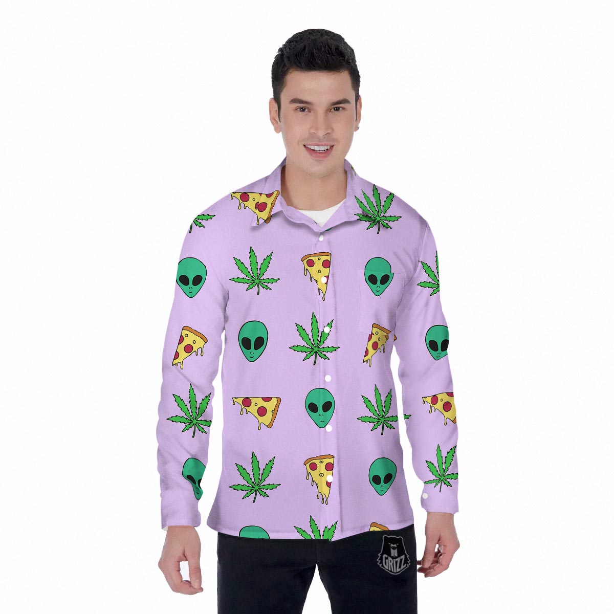 Ufo Pizza Trippy Print Pattern Men's Long Sleeve Shirts-grizzshop