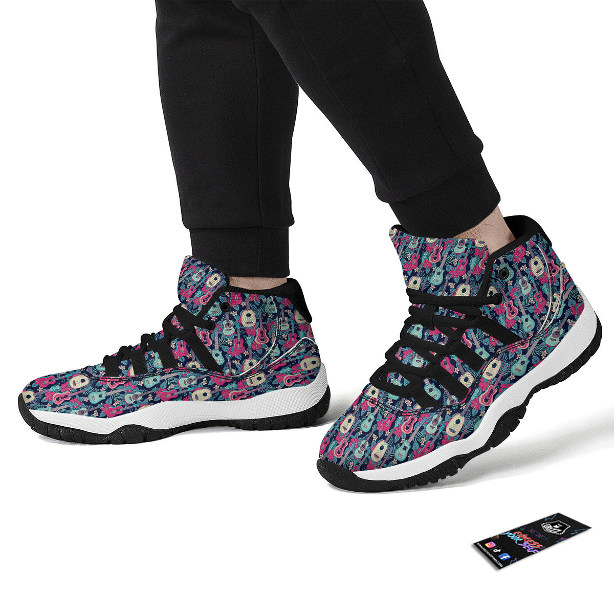 Ukulele And Hibiscus Print Pattern Black Bball Shoes-grizzshop