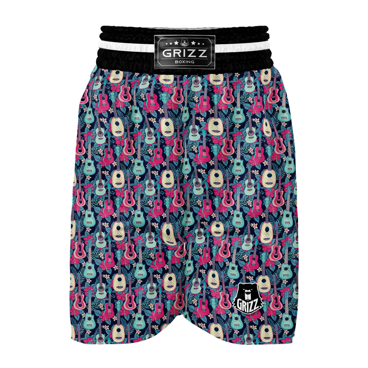 Ukulele And Hibiscus Print Pattern Boxing Shorts-grizzshop