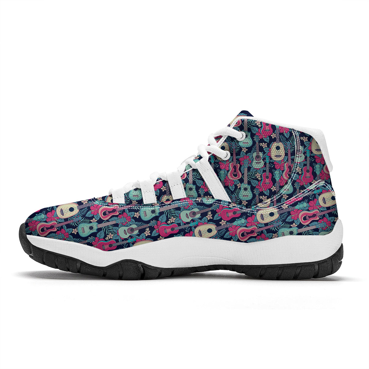 Ukulele And Hibiscus Print Pattern White Bball Shoes-grizzshop