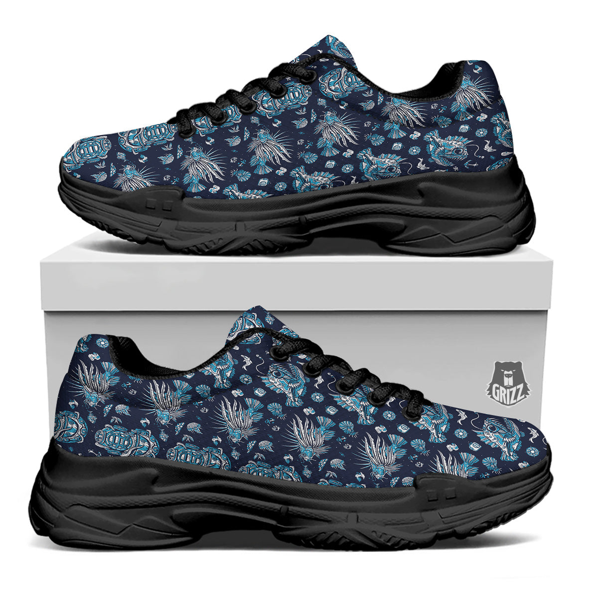 Underwater Blue Tattoo Print Pattern Black Chunky Shoes-grizzshop