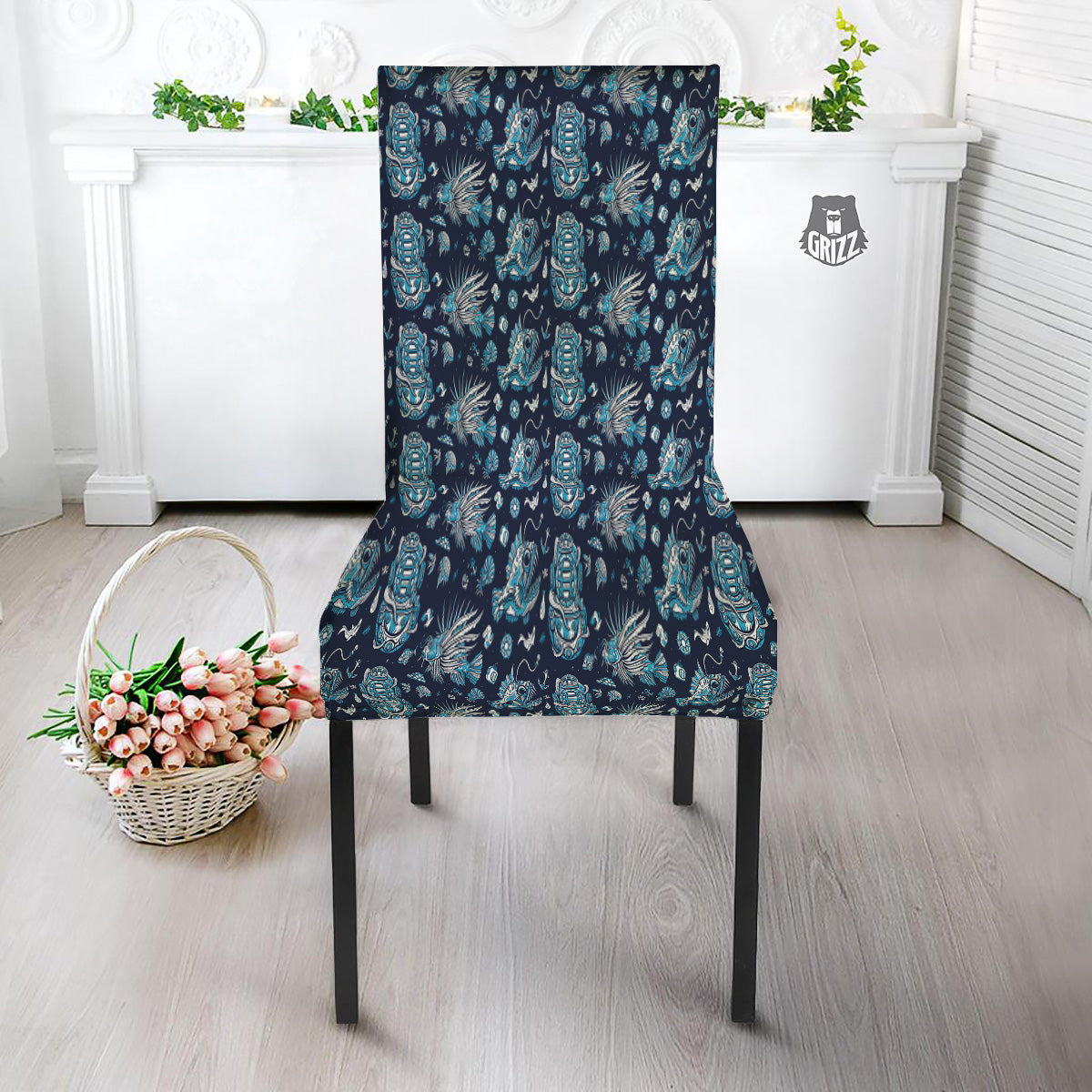 Underwater Blue Tattoo Print Pattern Dining Chair Slipcover-grizzshop