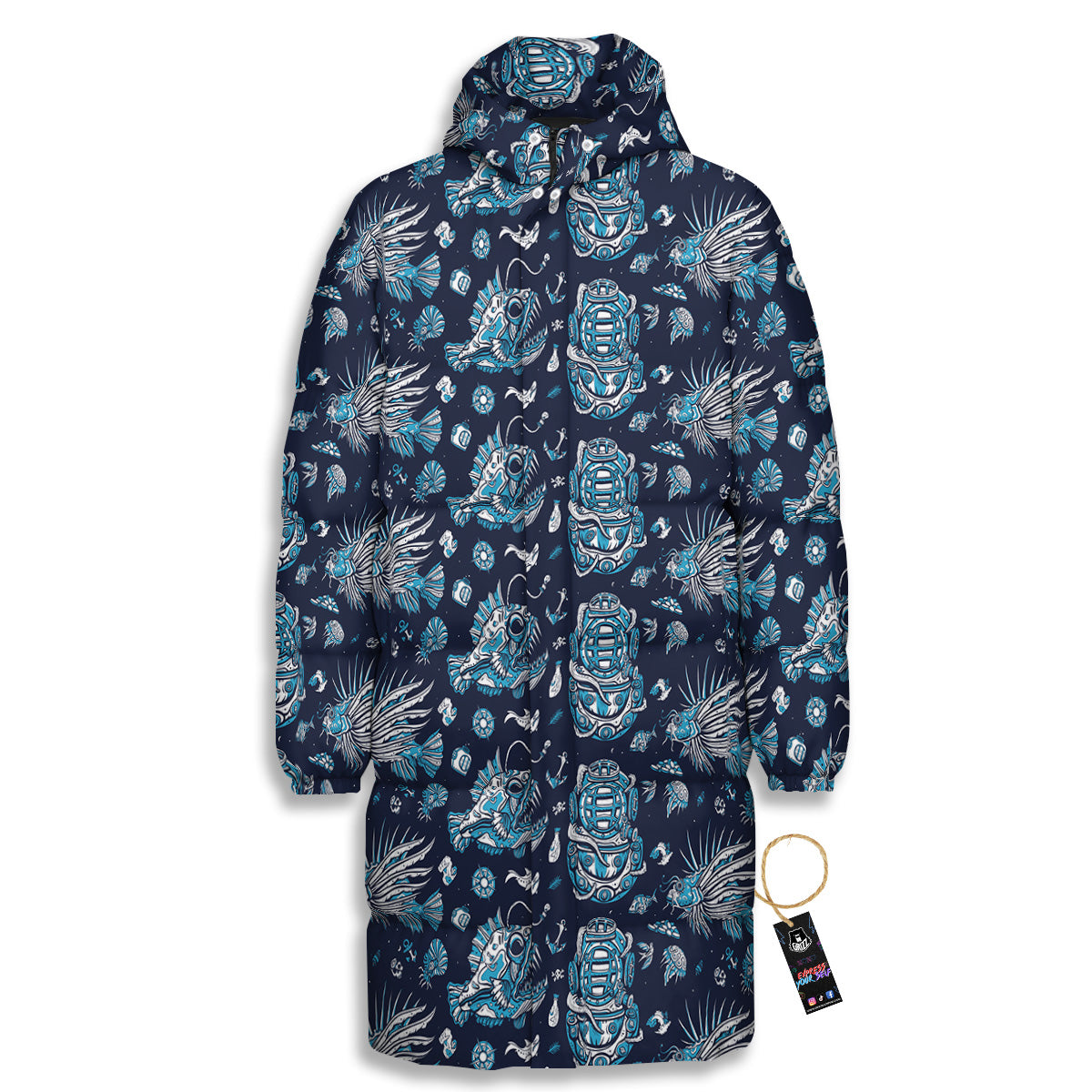 Underwater Blue Tattoo Print Pattern Long Down Jacket-grizzshop