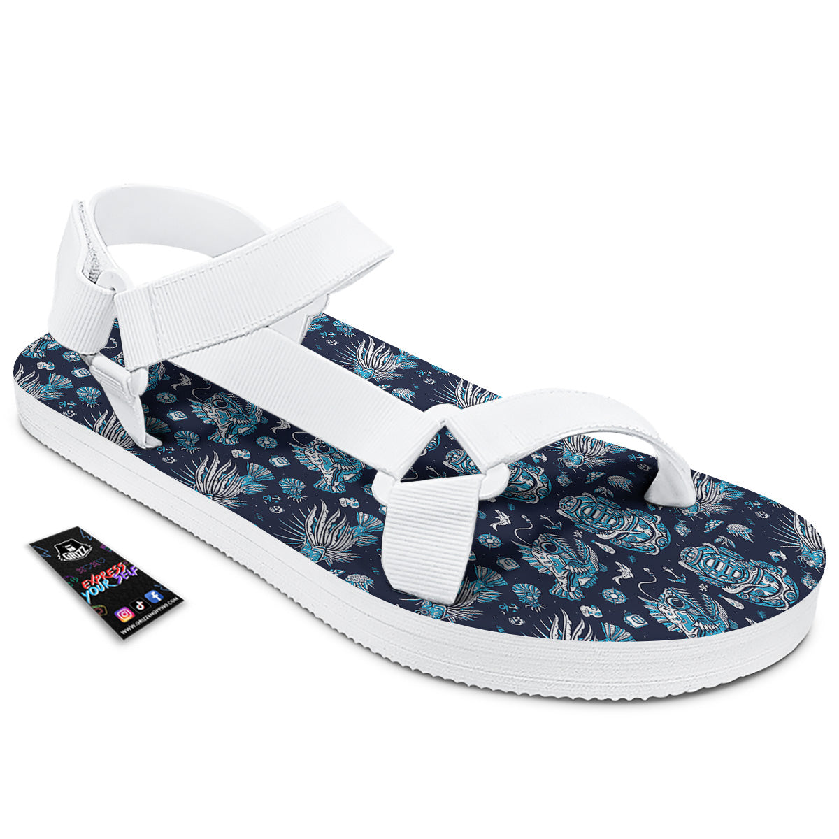 Underwater Blue Tattoo Print Pattern White Open Toe Sandals-grizzshop