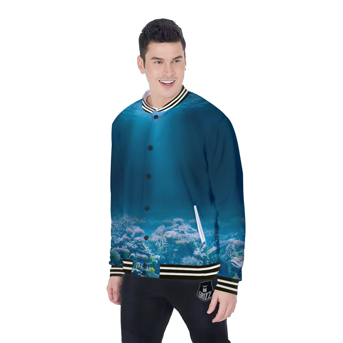Underwater Ocean Print Baseball Jacket-grizzshop