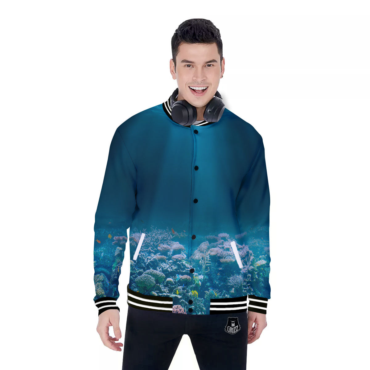 Underwater Ocean Print Baseball Jacket-grizzshop