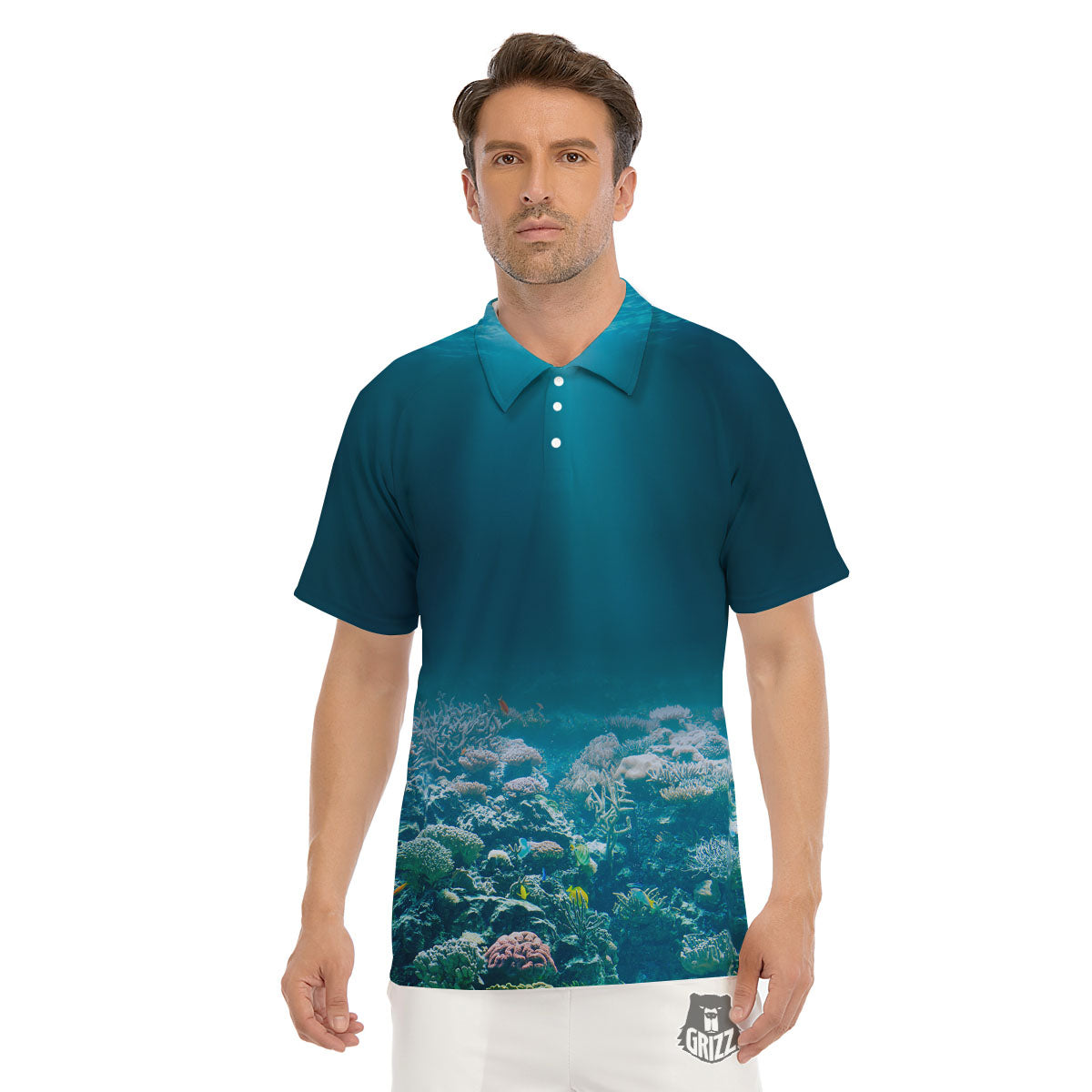 Underwater Ocean Print Men's Golf Shirts-grizzshop