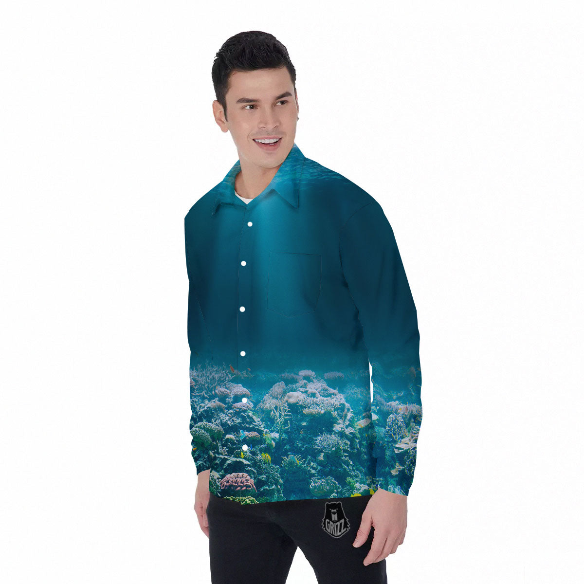 Underwater Ocean Print Men's Long Sleeve Shirts-grizzshop