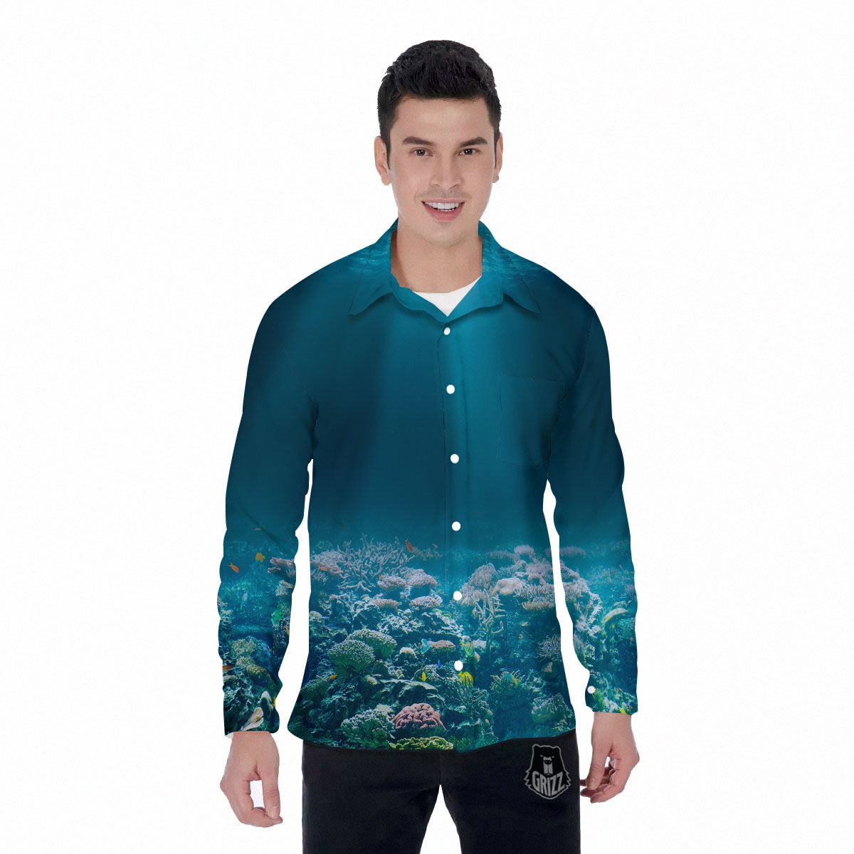 Underwater Ocean Print Men's Long Sleeve Shirts-grizzshop