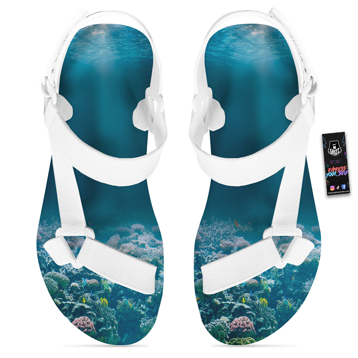 Underwater Ocean Print White Open Toe Sandals-grizzshop