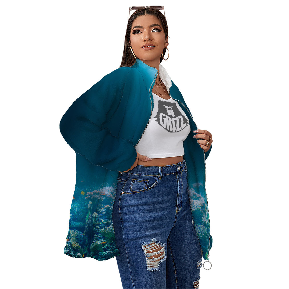 Underwater Ocean Print Women's Sherpa Jacket-grizzshop