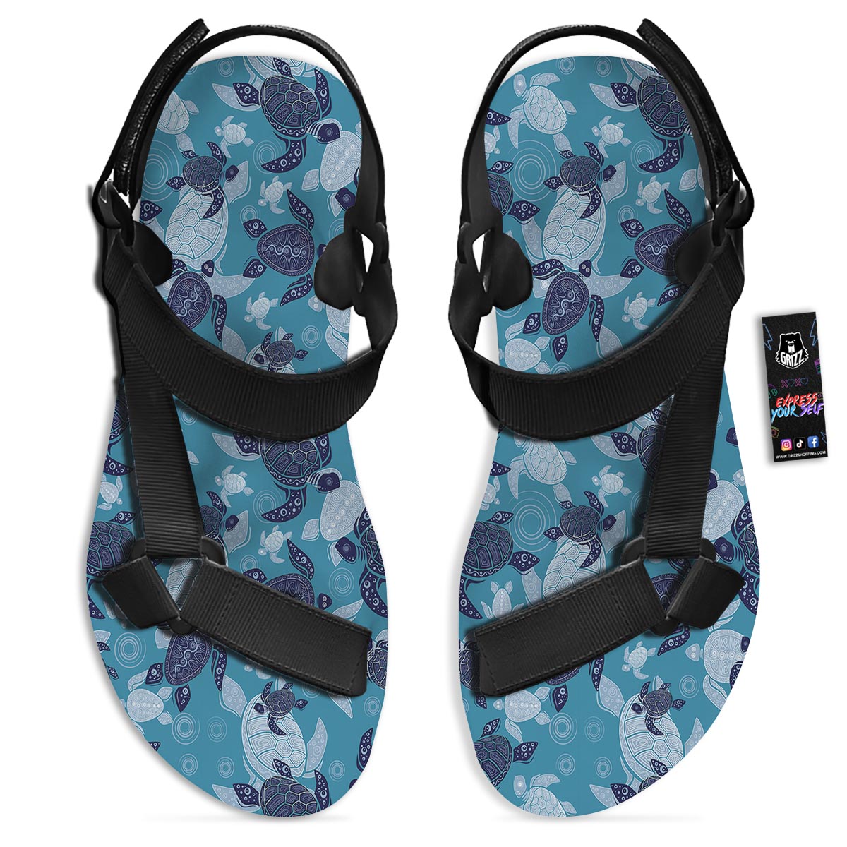 Underwater Sea Turtle Family Print Pattern Black Open Toe Sandals-grizzshop