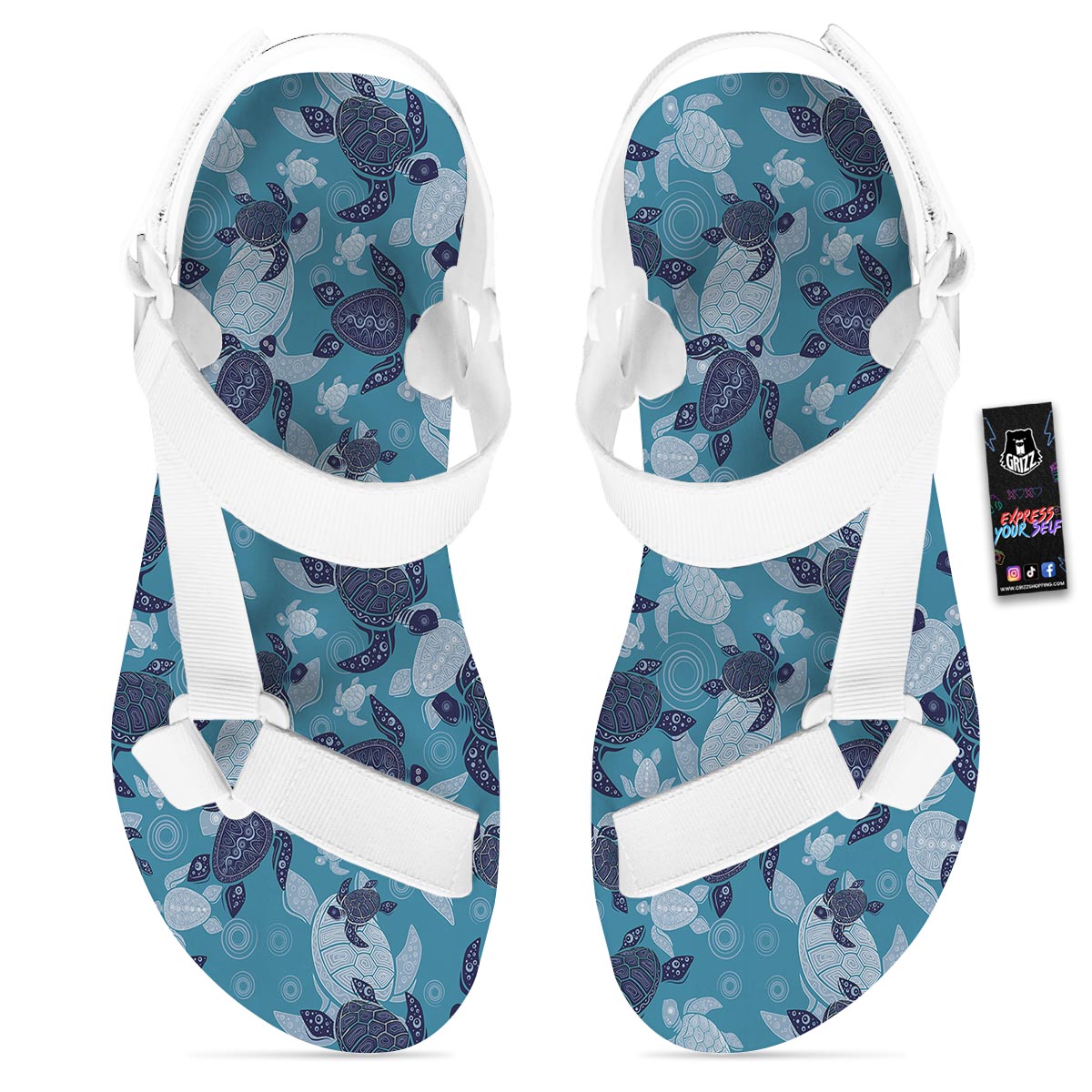 Underwater Sea Turtle Family Print Pattern White Open Toe Sandals-grizzshop