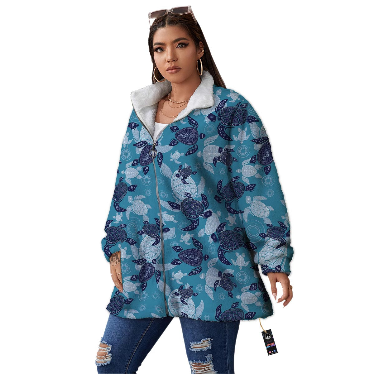 Underwater Sea Turtle Family Print Pattern Women's Sherpa Jacket-grizzshop