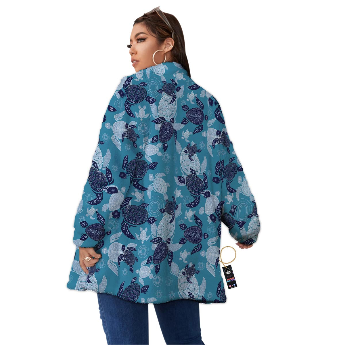 Underwater Sea Turtle Family Print Pattern Women's Sherpa Jacket-grizzshop