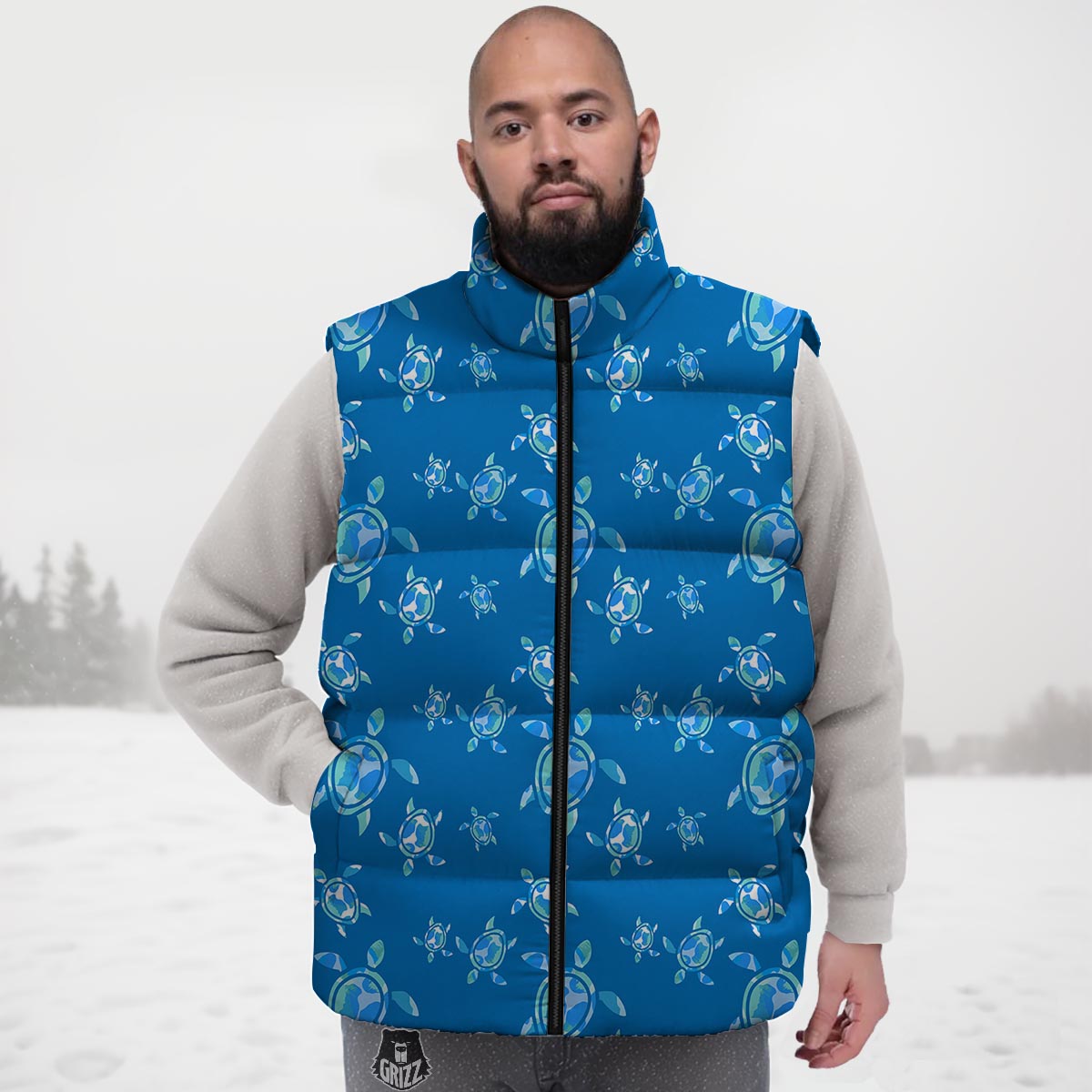 Underwater Sea Turtle Print Pattern Down Vest