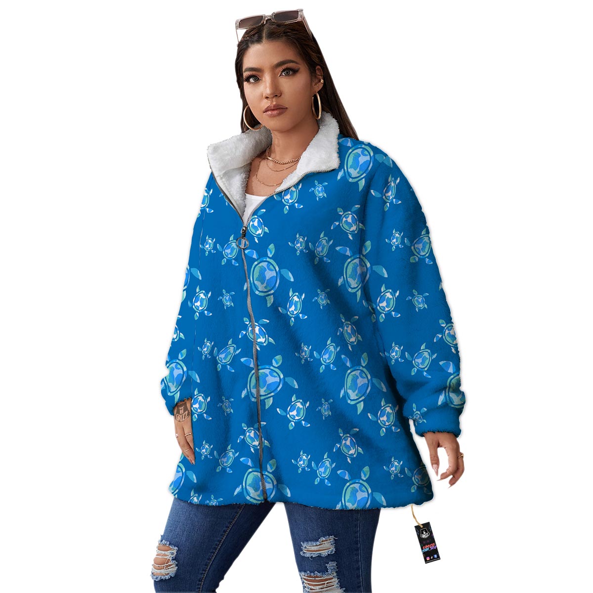 Underwater Sea Turtle Print Pattern Women's Sherpa Jacket-grizzshop