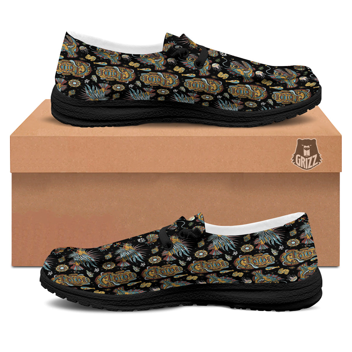 Underwater World Colorful Print Pattern Black Loafers-grizzshop