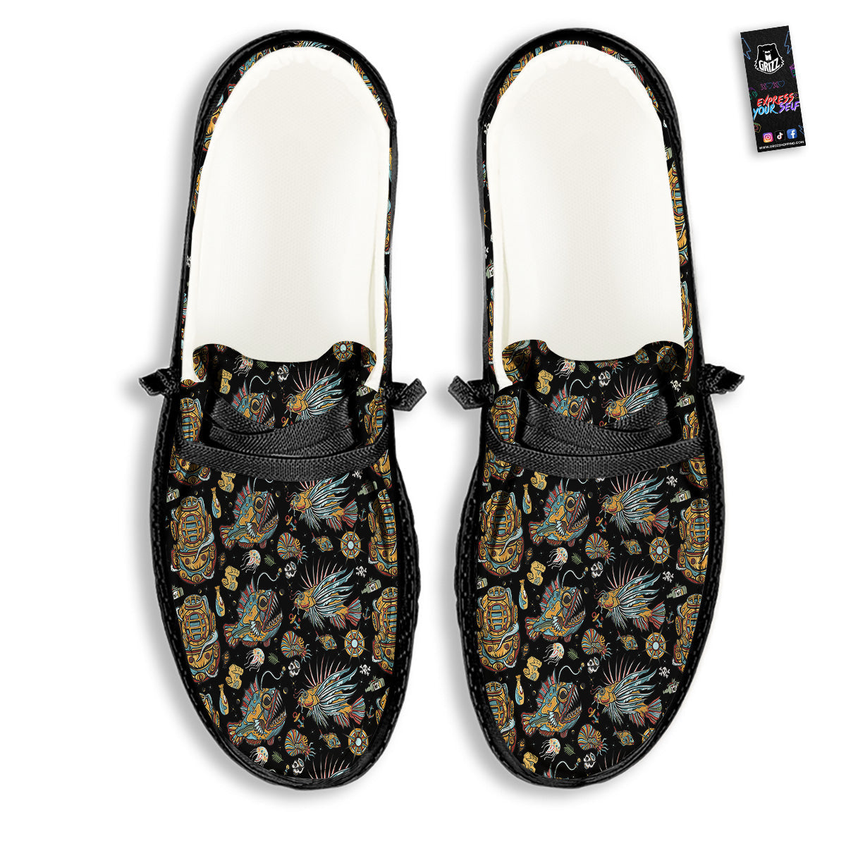 Underwater World Colorful Print Pattern Black Loafers-grizzshop
