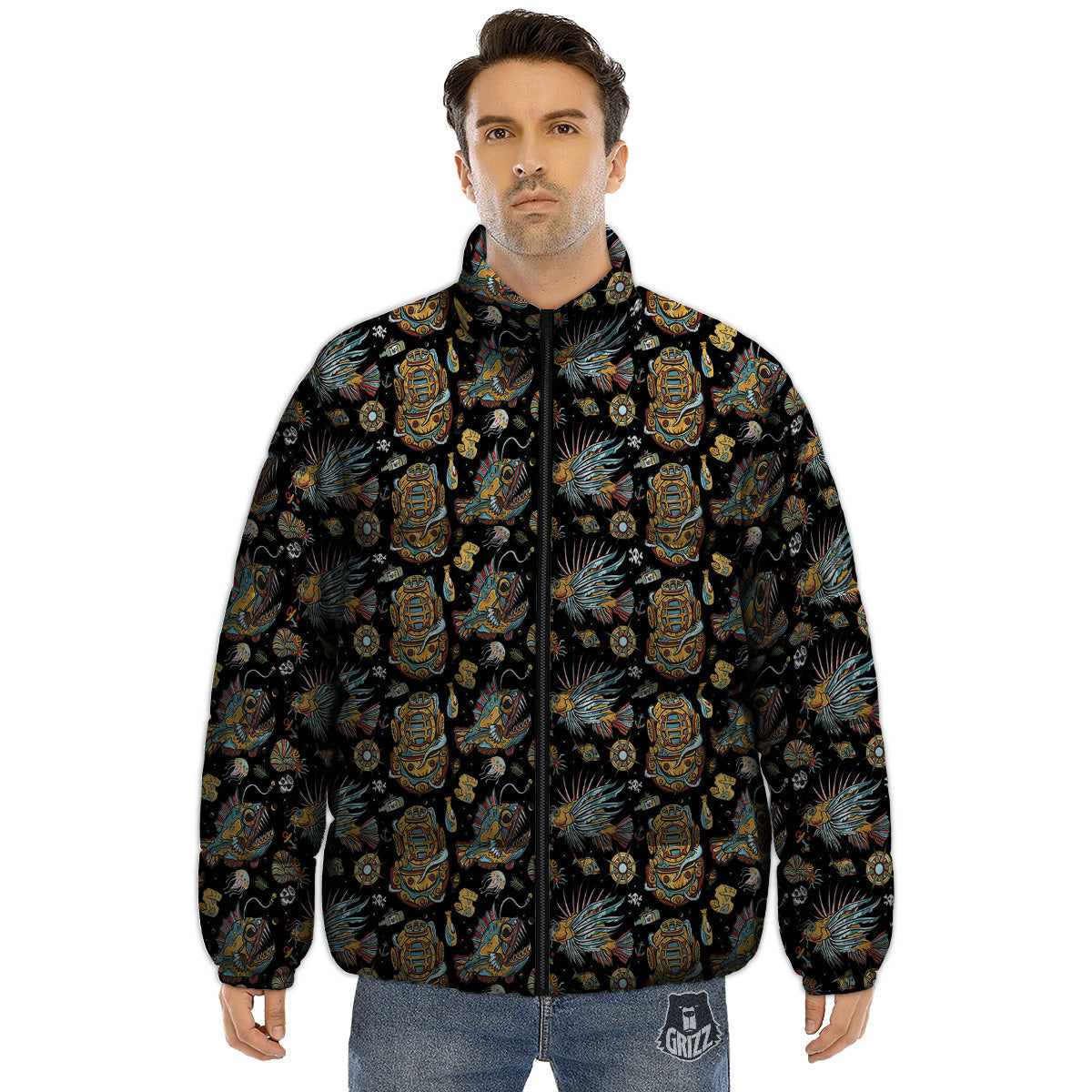 Underwater World Colorful Print Pattern Puffer Jacket-grizzshop