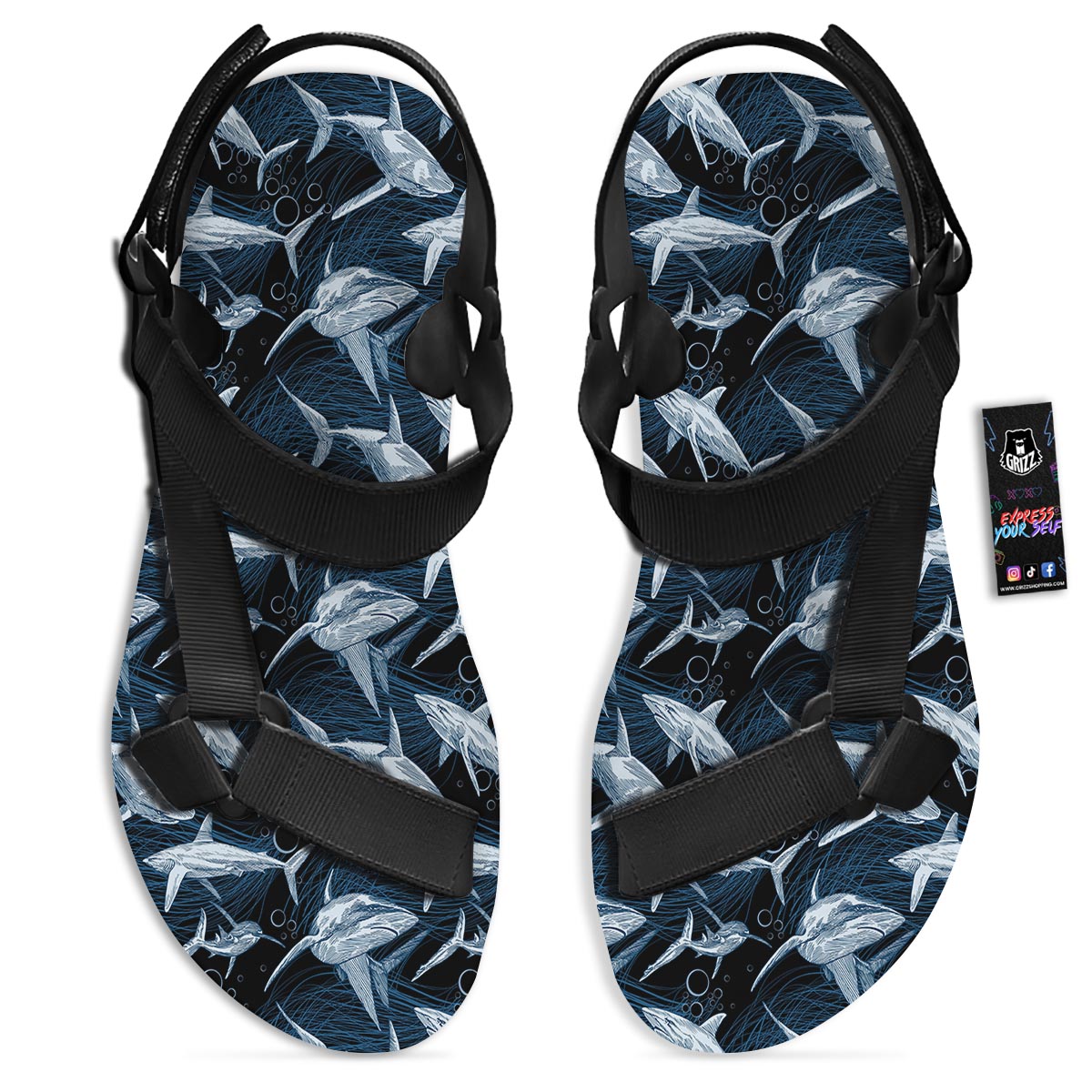 Underwear Shark Print Pattern Black Open Toe Sandals-grizzshop