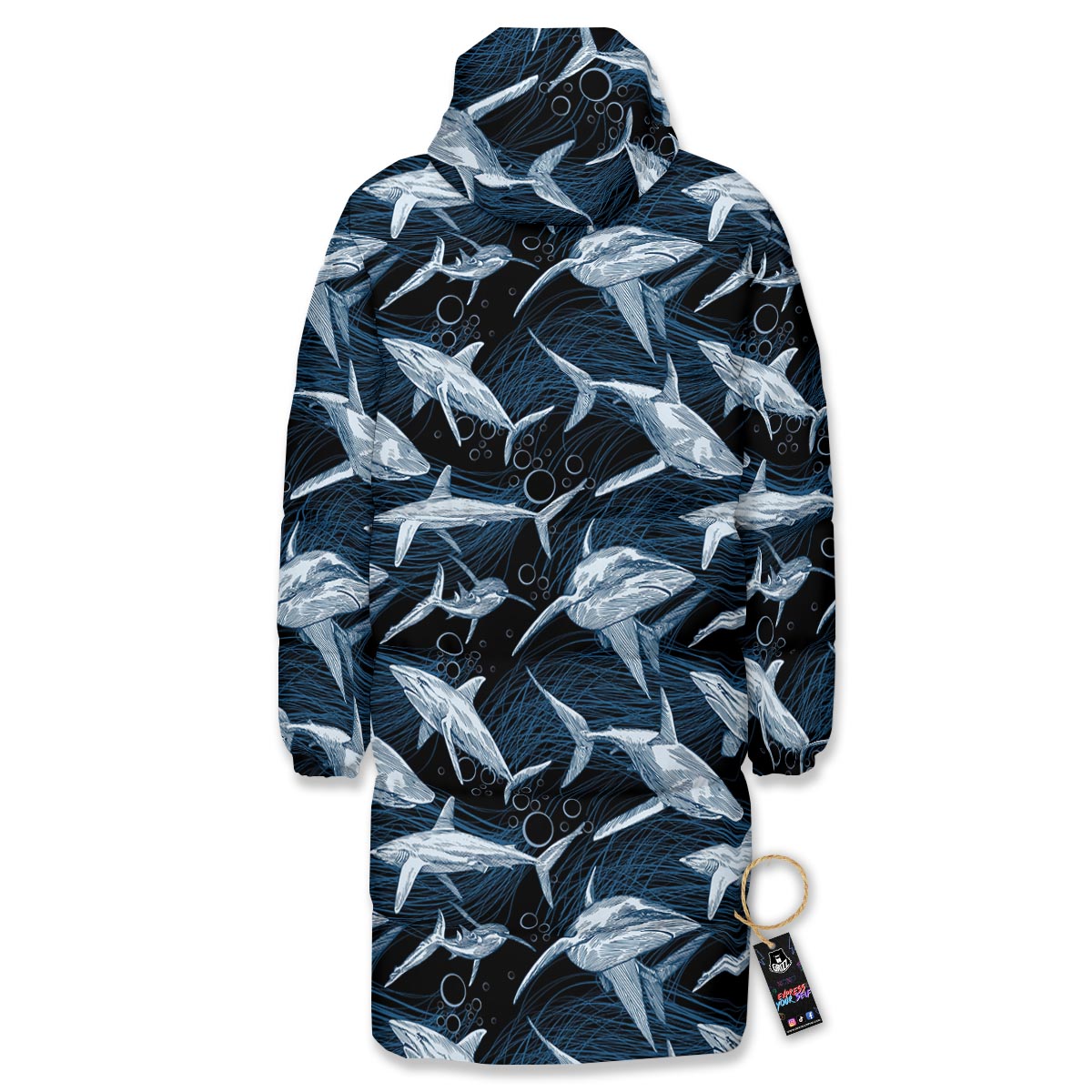 Underwear Shark Print Pattern Long Down Jacket-grizzshop