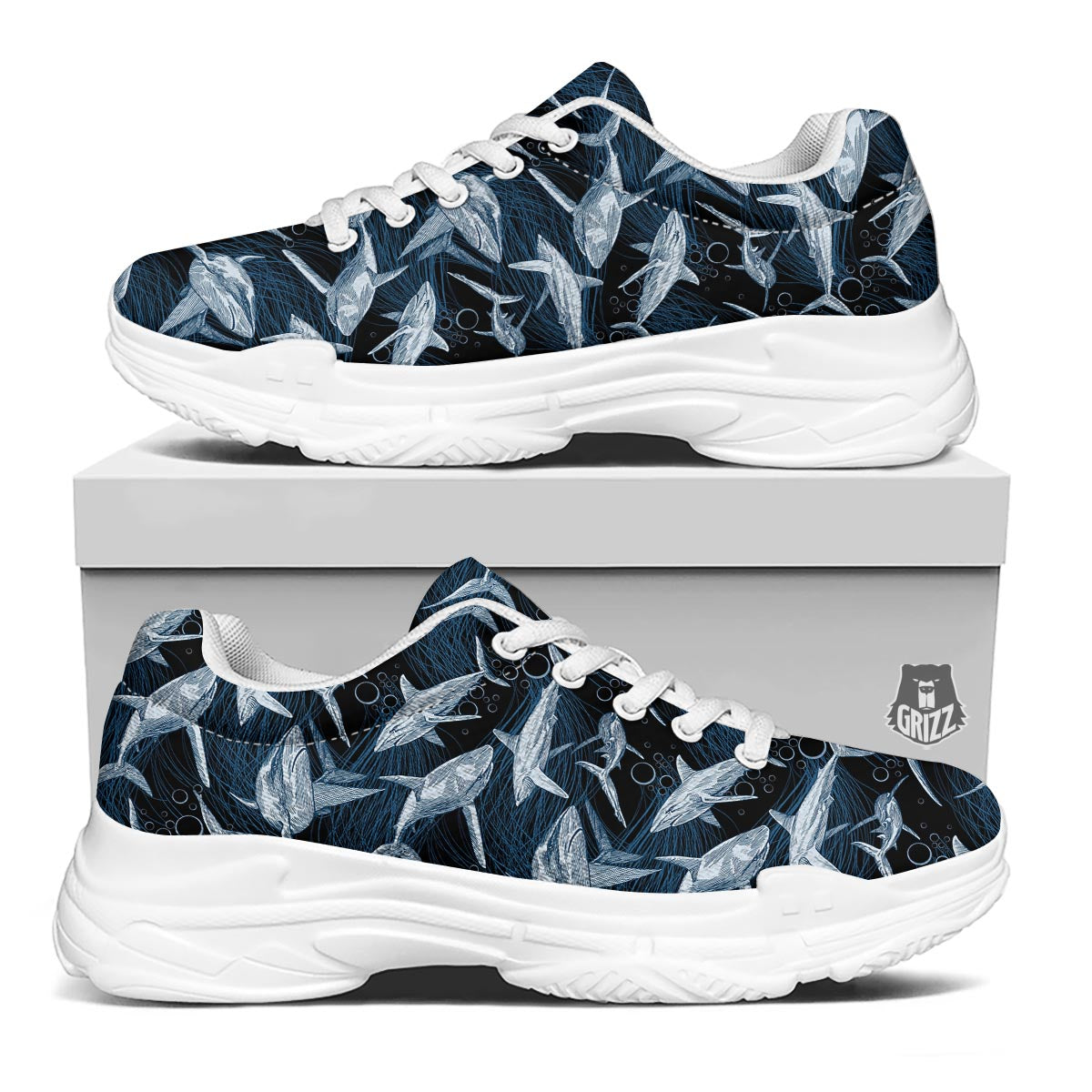 Underwear Shark Print Pattern White Chunky Shoes-grizzshop