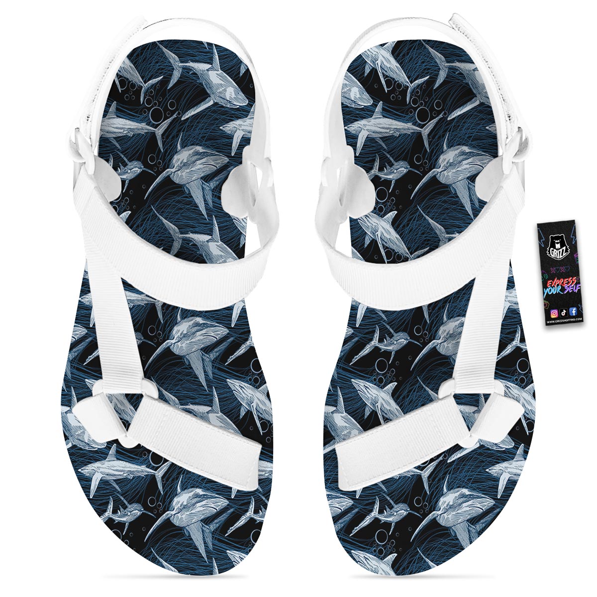 Underwear Shark Print Pattern White Open Toe Sandals-grizzshop