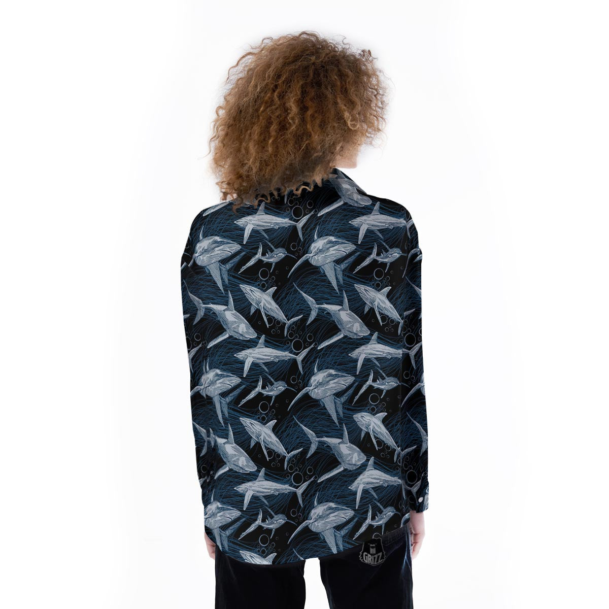 Underwear Shark Print Pattern Women's Long Sleeve Shirts-grizzshop