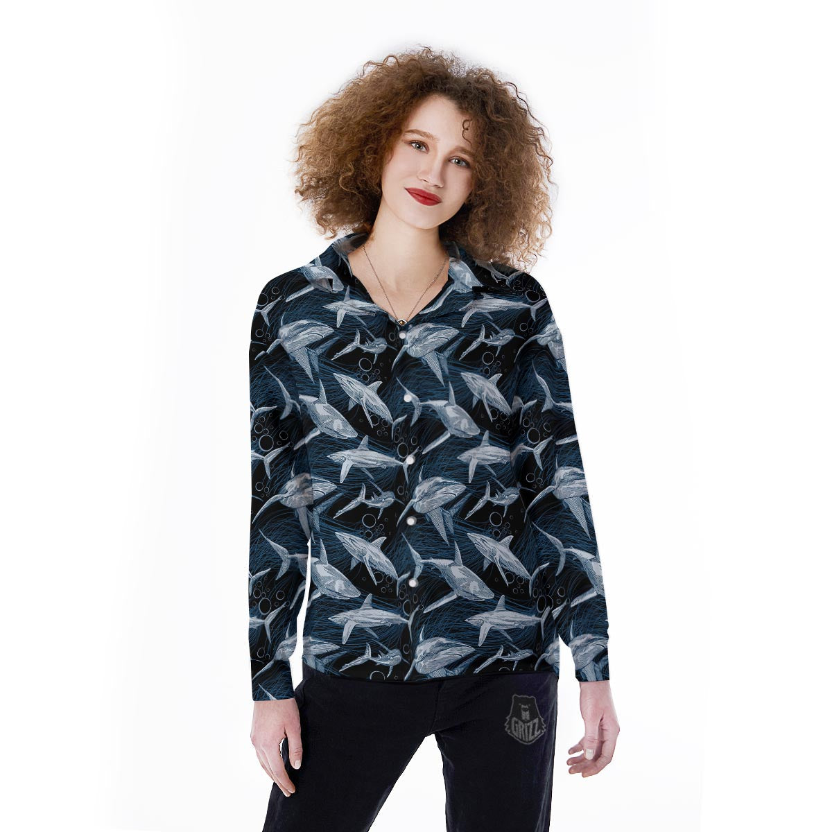 Underwear Shark Print Pattern Women's Long Sleeve Shirts-grizzshop