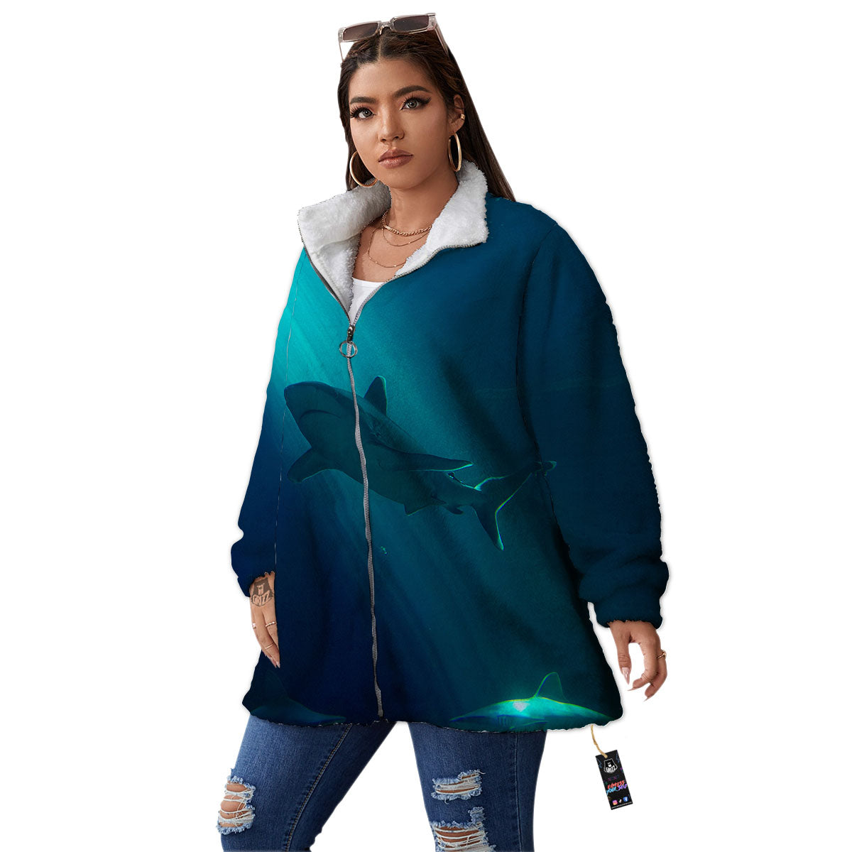 Underwear Shark Print Women's Sherpa Jacket-grizzshop