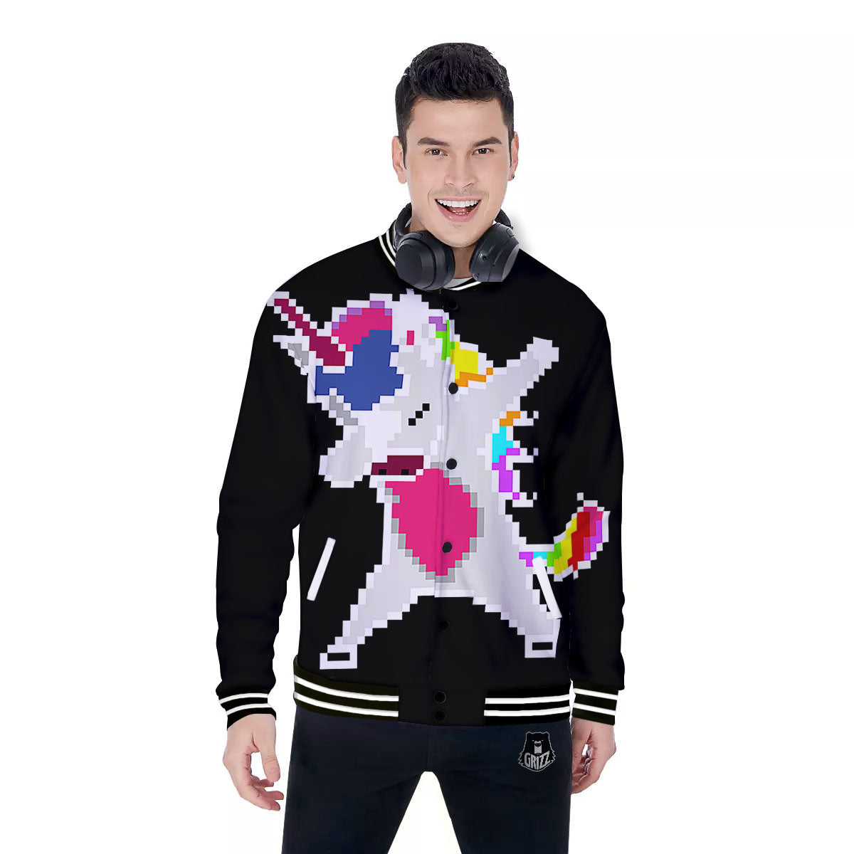 Unicorn 8-Bit Pixel Print Baseball Jacket-grizzshop