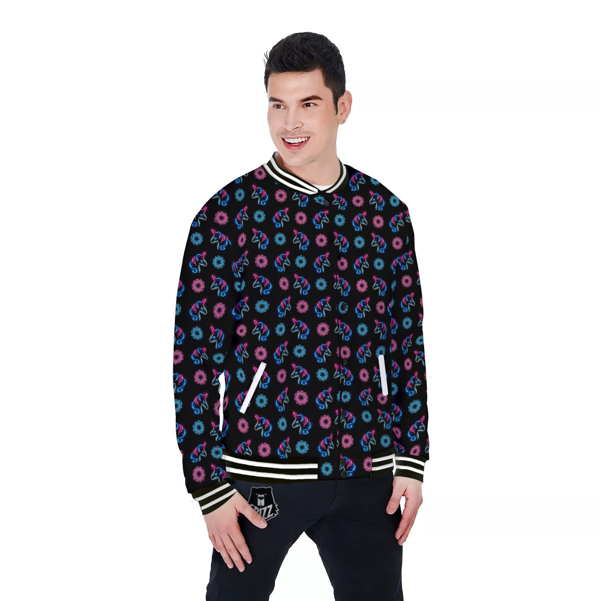 Unicorn Black Girly Print Pattern Baseball Jacket-grizzshop