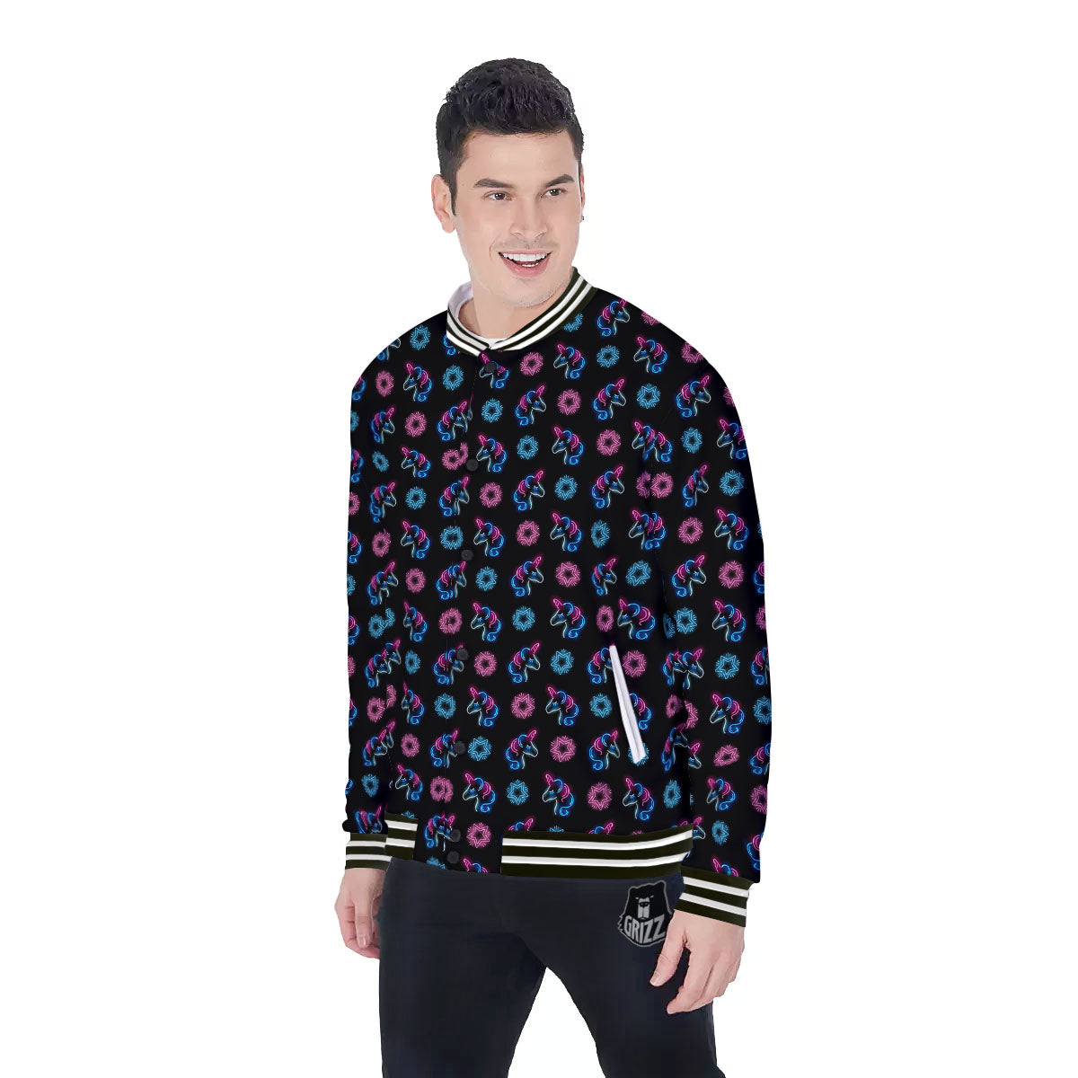 Unicorn Black Girly Print Pattern Baseball Jacket-grizzshop