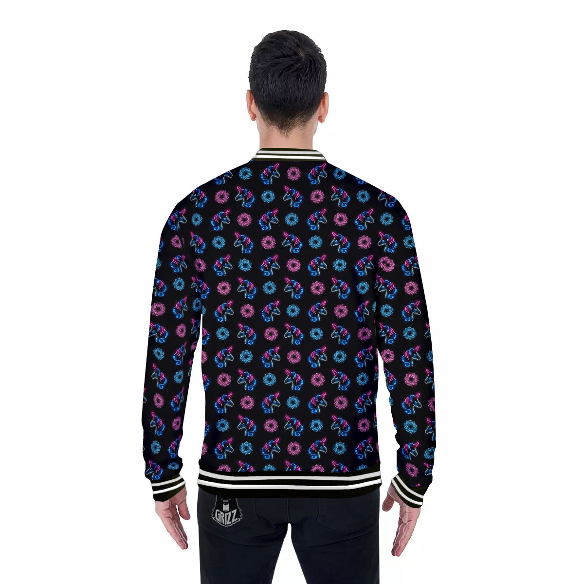 Unicorn Black Girly Print Pattern Baseball Jacket-grizzshop