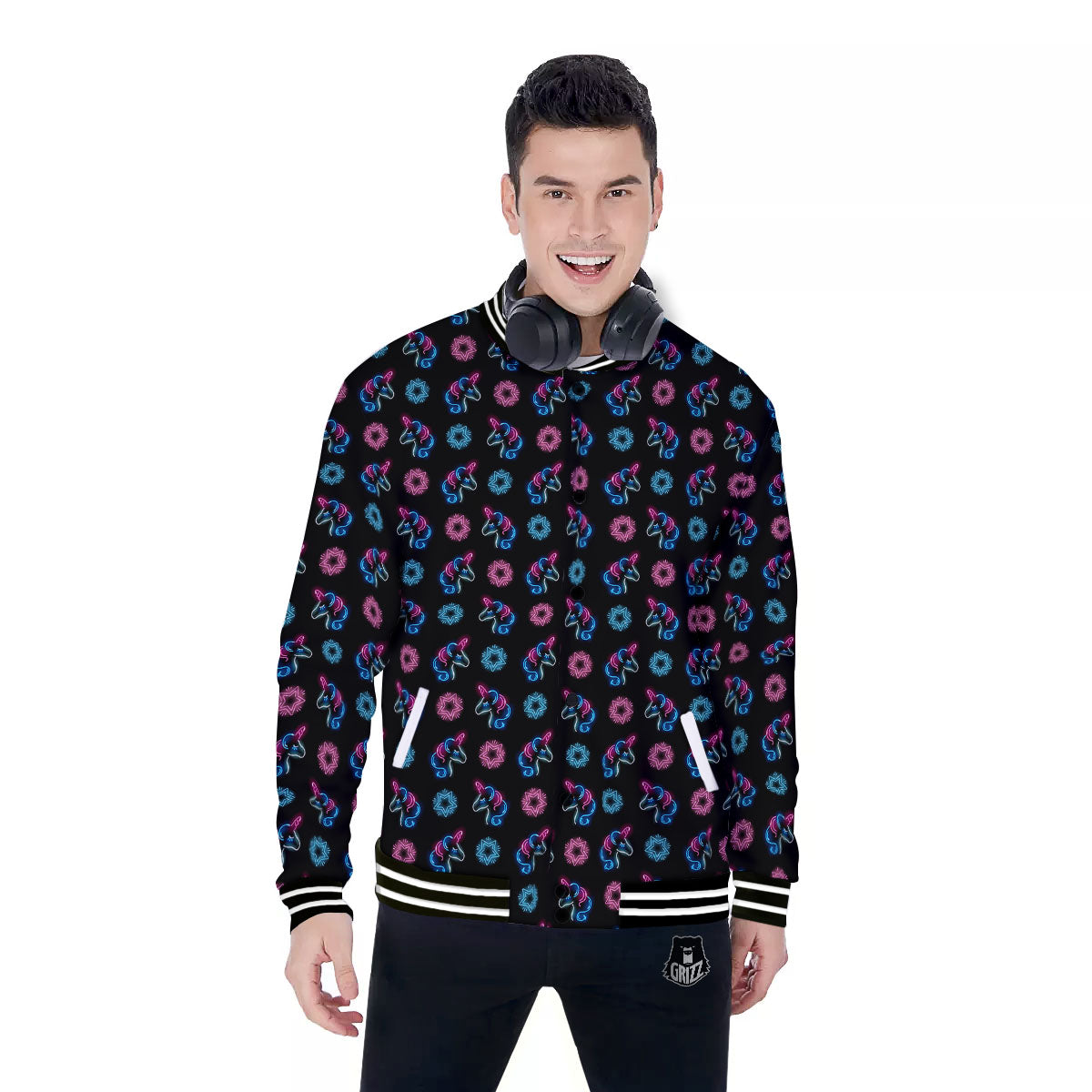 Unicorn Black Girly Print Pattern Baseball Jacket-grizzshop
