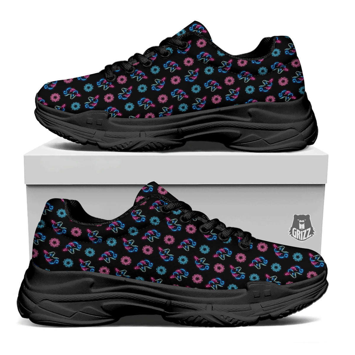 Unicorn Black Girly Print Pattern Black Chunky Shoes-grizzshop