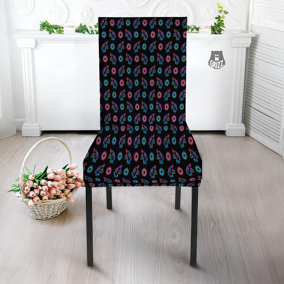 Unicorn Black Girly Print Pattern Dining Chair Slipcover-grizzshop