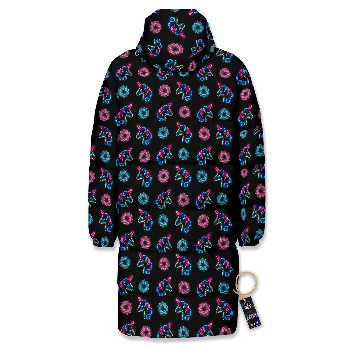 Unicorn Black Girly Print Pattern Long Down Jacket-grizzshop