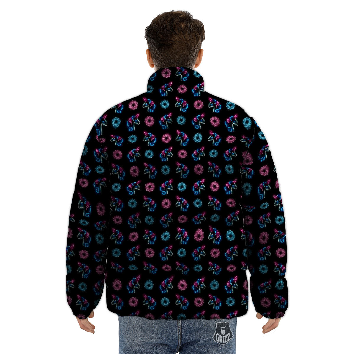 Unicorn Black Girly Print Pattern Puffer Jacket-grizzshop