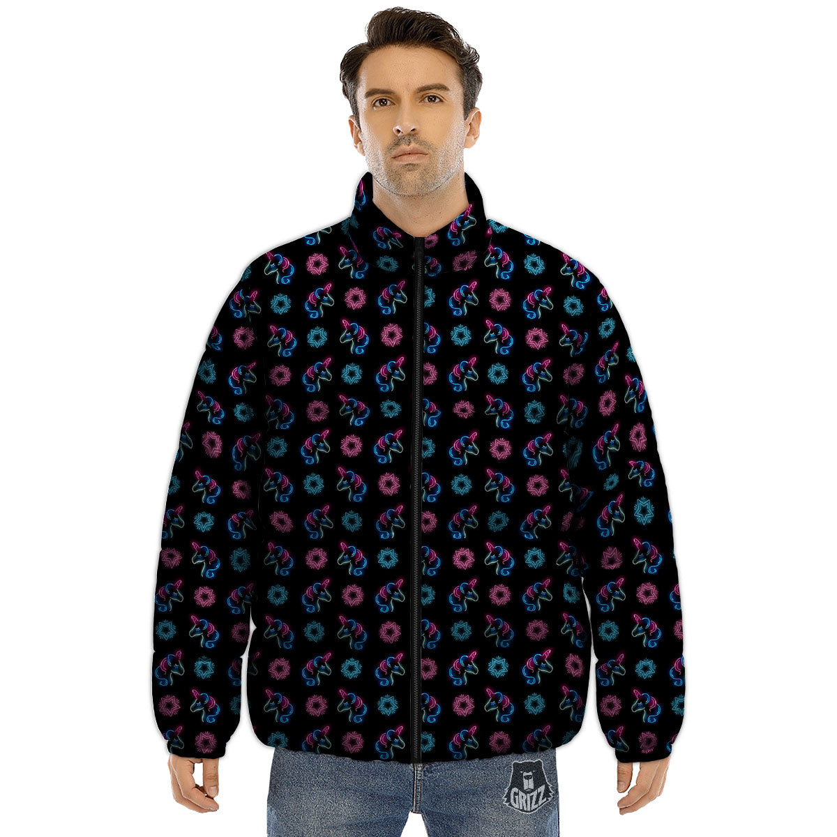 Unicorn Black Girly Print Pattern Puffer Jacket-grizzshop