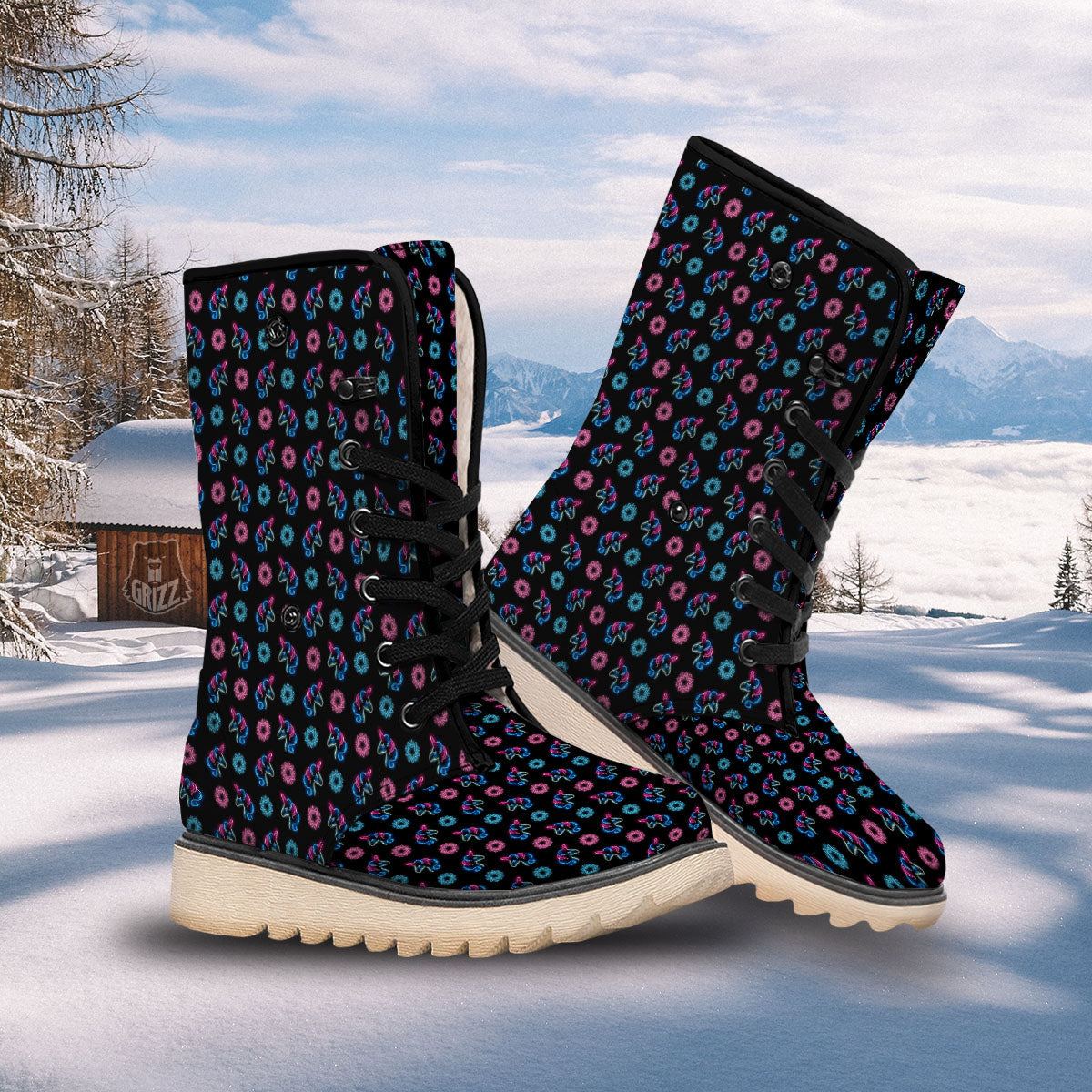 Unicorn Black Girly Print Pattern Snow Boots-grizzshop