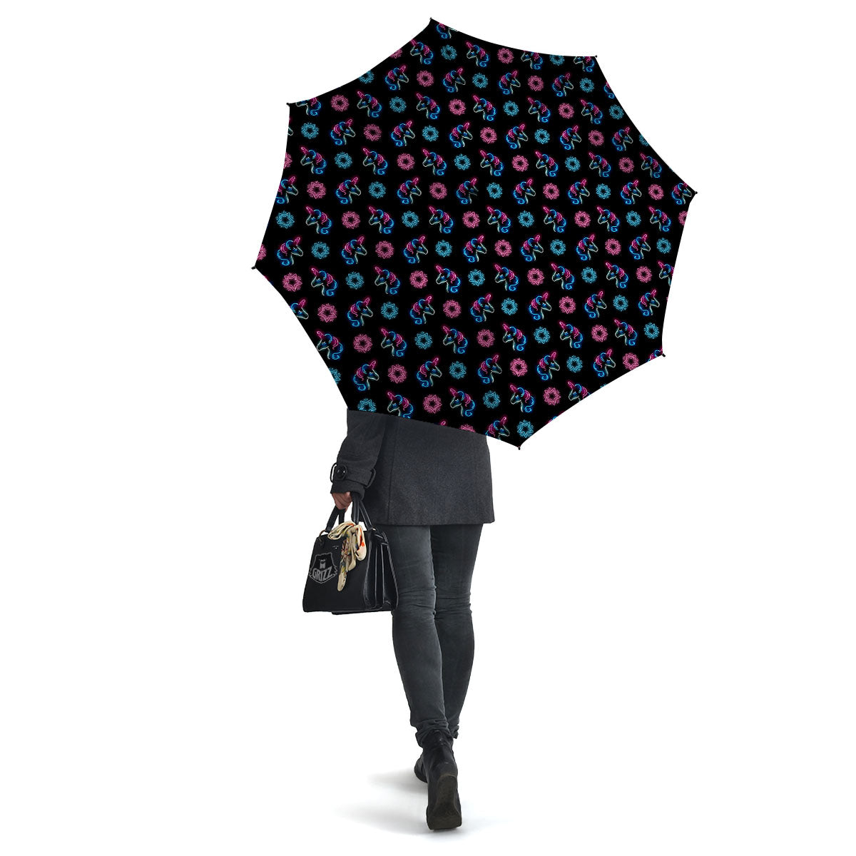 Unicorn Black Girly Print Pattern Umbrella-grizzshop