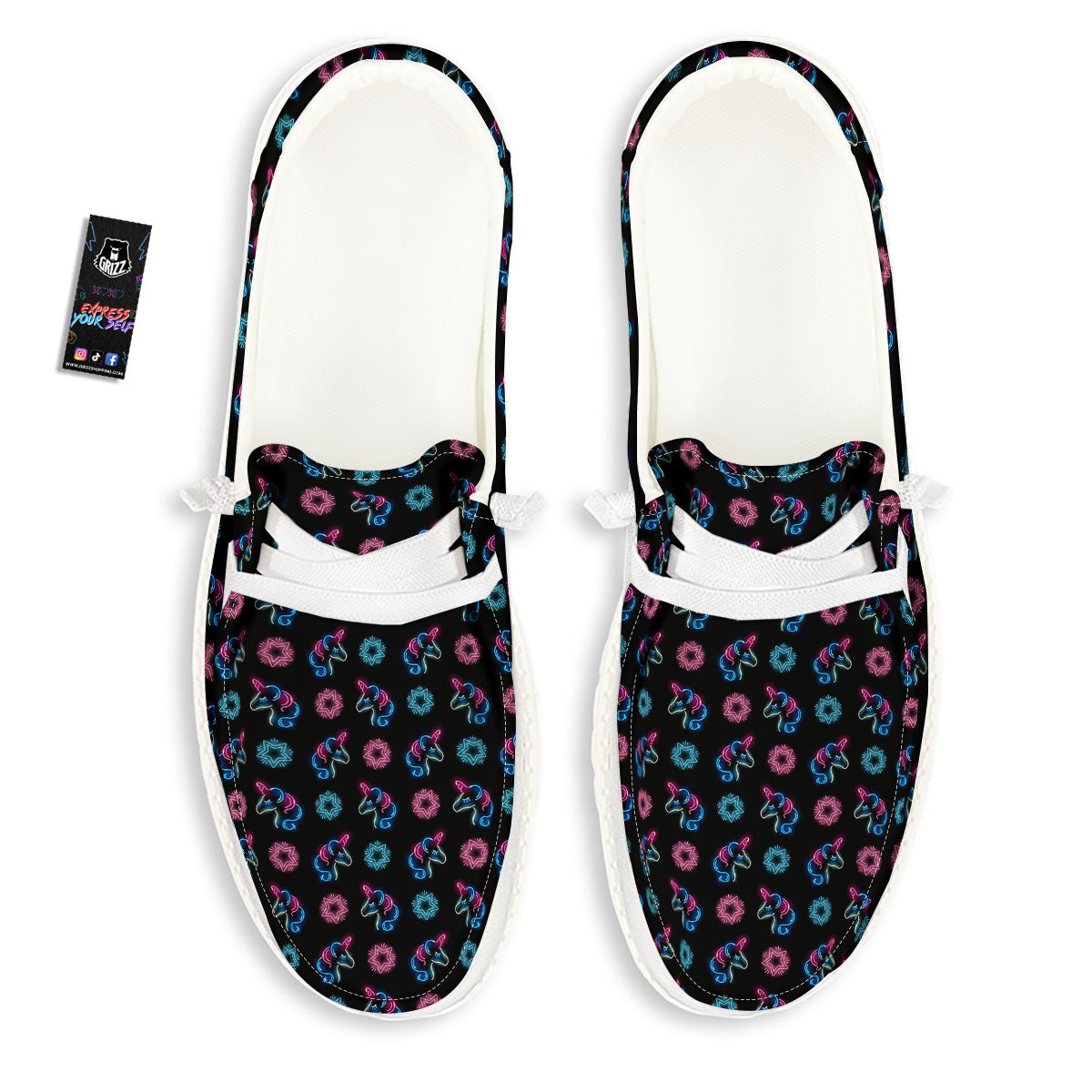 Unicorn Black Girly Print Pattern White Loafers-grizzshop