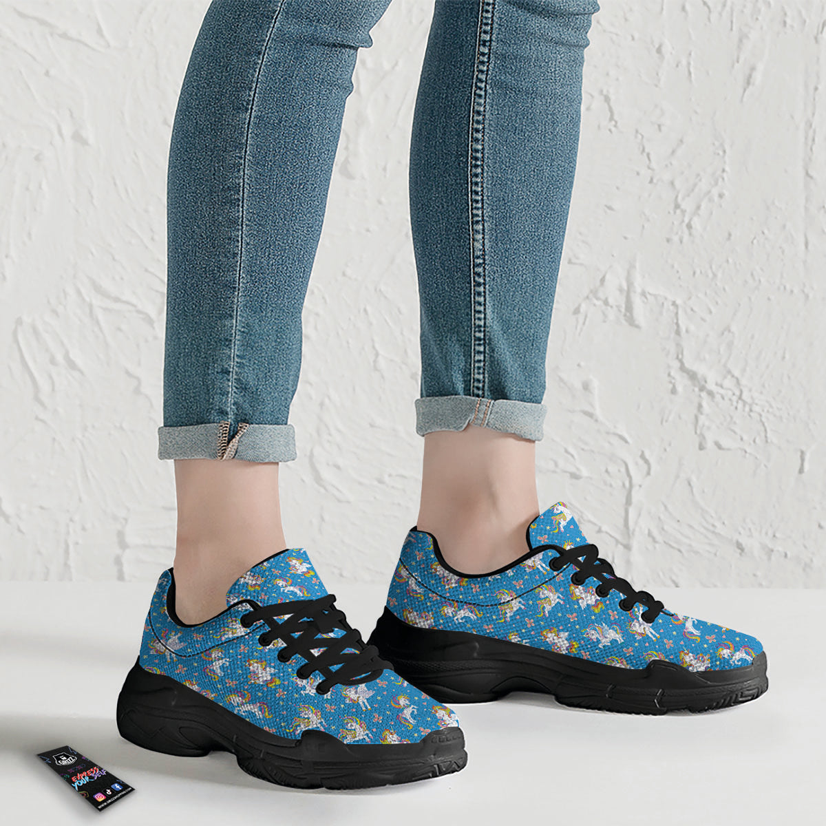 Unicorn Blue Rainbow Print Pattern Black Chunky Shoes-grizzshop